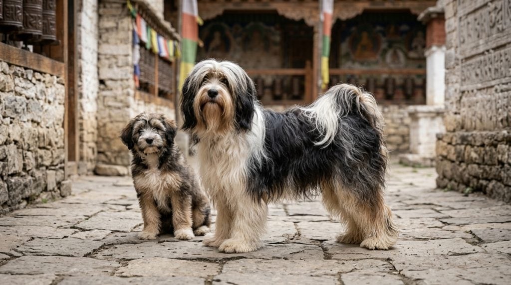 Adult Tibetan Terrier and Tibetan Terrier puppy standing in a traditional Tibetan monastery courtyard with stone paving and prayer flags, showcasing the breed's long coat and distinctive square build.