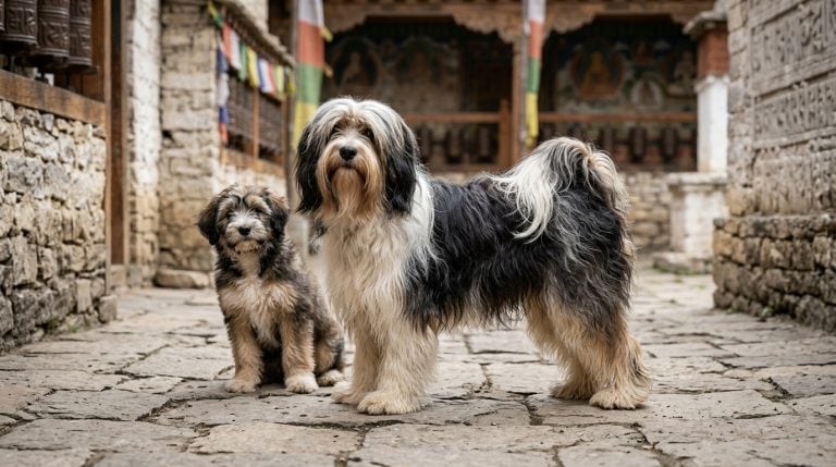 Adult Tibetan Terrier and Tibetan Terrier puppy standing in a traditional Tibetan monastery courtyard with stone paving and prayer flags, showcasing the breed's long coat and distinctive square build.