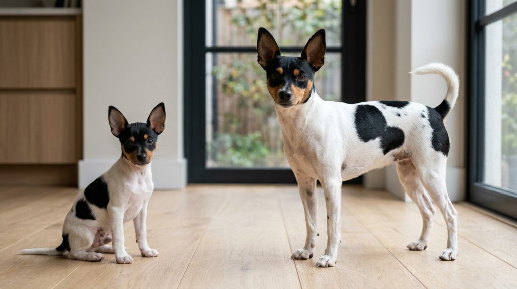 Adult tricolour Toy Fox Terrier standing beside a young puppy in a modern home interior.