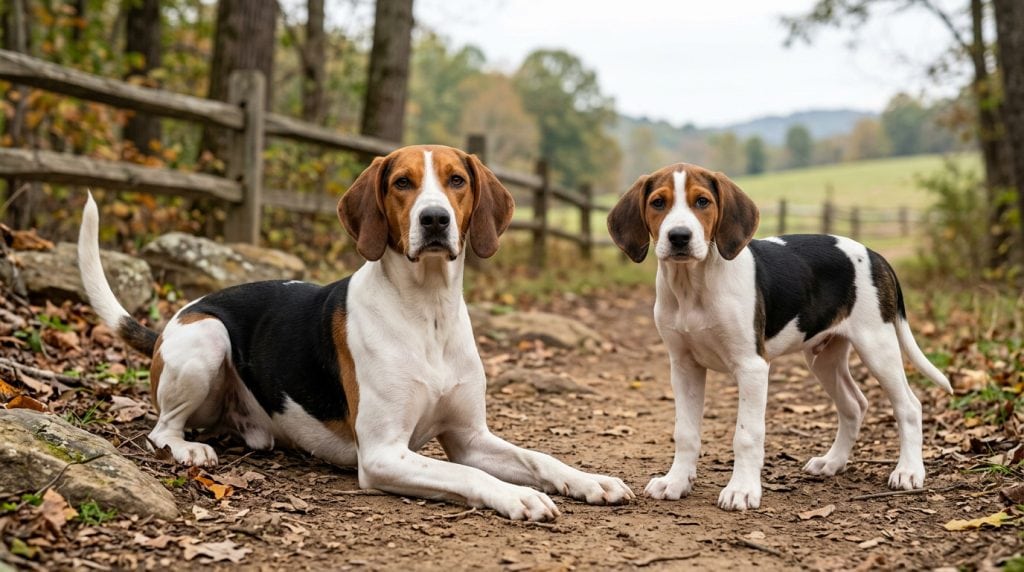 Adult tricolour Treeing Walker Coonhound lying beside a young puppy on a woodland trail.