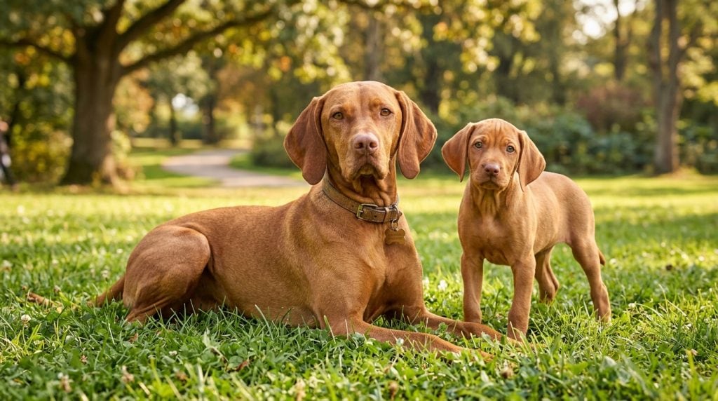 Adult Vizsla lying on grass in a park with a Vizsla puppy standing beside it.