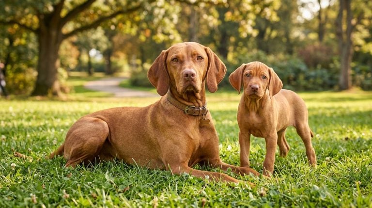 Adult Vizsla lying on grass in a park with a Vizsla puppy standing beside it.