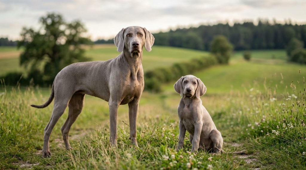 Adult Weimaraner standing in a countryside field with a Weimaraner puppy sitting beside it.