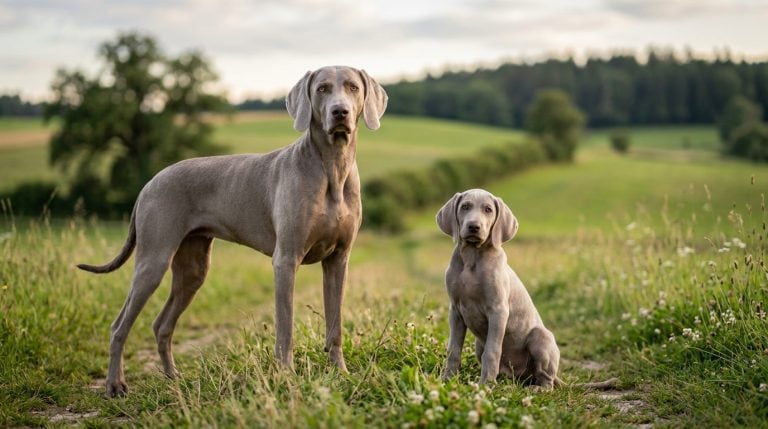 Adult Weimaraner standing in a countryside field with a Weimaraner puppy sitting beside it.