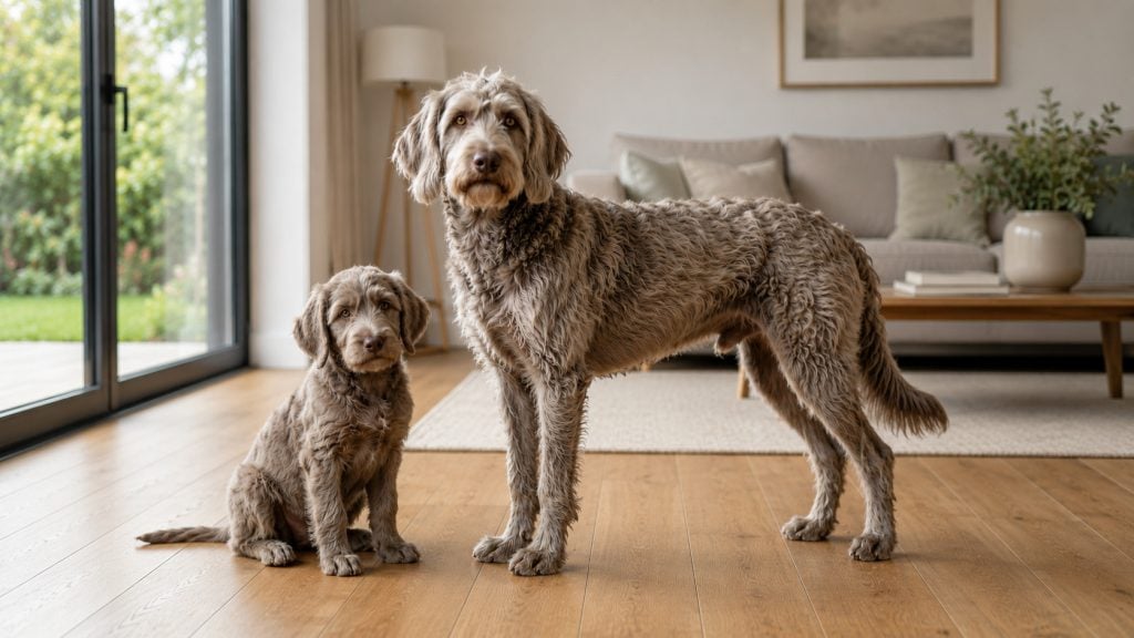 Adult Weimardoodle standing in profile beside a Weimardoodle puppy in a modern living room, showing the breed's athletic build, shaggy silver-grey coat, drop ears and gentle expression.