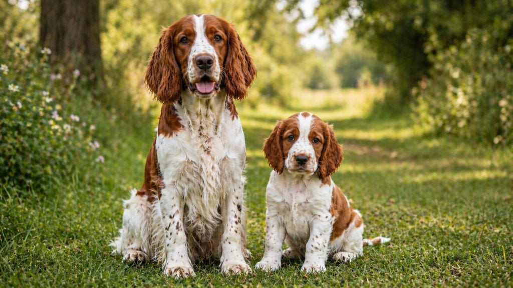 Adult Welsh Springer Spaniel sitting beside a Welsh Springer Spaniel puppy in a lush green countryside setting, both looking at the camera in a natural outdoor breed profile image.