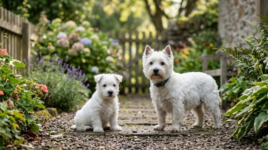 Adult West Highland White Terrier standing in a garden beside a Westie puppy.