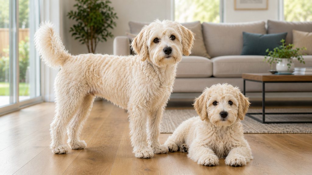 Adult Westiepoo and Westiepoo puppy in a modern living room, showcasing the breed's soft wavy cream coat, drop ears and friendly companion-dog appearance.
