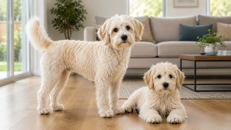 Adult Westiepoo and Westiepoo puppy in a modern living room, showcasing the breed's soft wavy cream coat, drop ears and friendly companion-dog appearance.