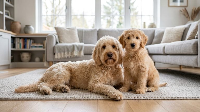 Adult Whoodle lying beside a Whoodle puppy in a bright modern family living room