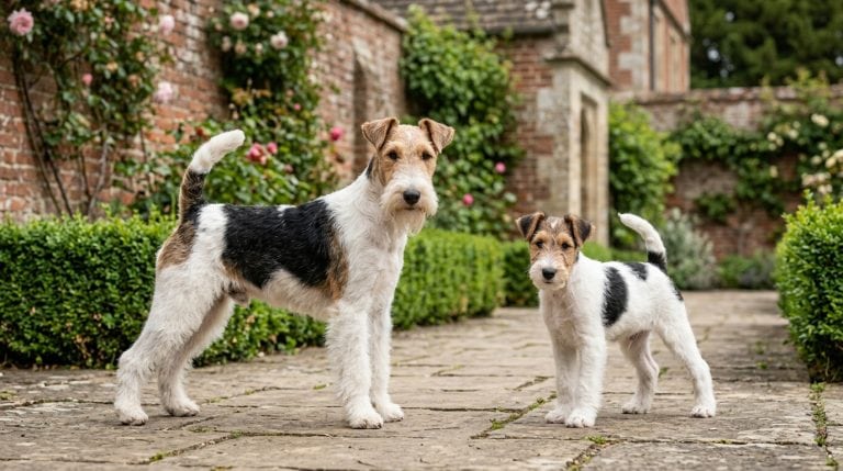 Adult Wire Fox Terrier and Wire Fox Terrier puppy standing in a traditional English walled garden courtyard, showcasing the breed's harsh wire coat, distinctive beard, athletic square build and classic white, black and tan colouring.
