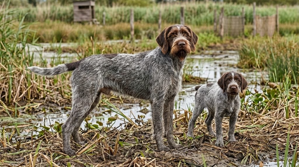 Adult Wirehaired Pointing Griffon and puppy standing in a marshland wetland with reeds and shallow water, showcasing the breed's wiry coat, beard and athletic hunting build.