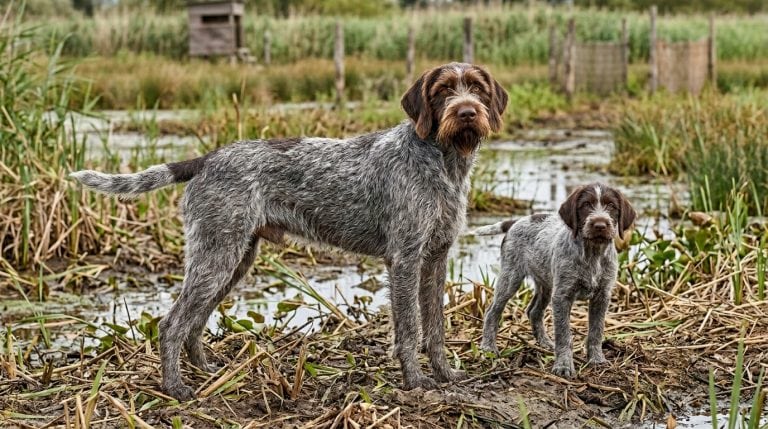 Adult Wirehaired Pointing Griffon and puppy standing in a marshland wetland with reeds and shallow water, showcasing the breed's wiry coat, beard and athletic hunting build.