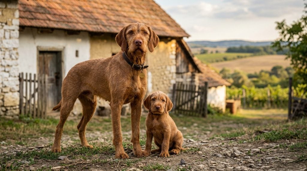 Wirehaired Vizsla adult and puppy standing together in the center of a rustic Hungarian countryside scene, with a traditional farmhouse and rolling farmland in the background, showcasing their athletic build, rust-colored wiry coat, and distinctive bearded muzzle.