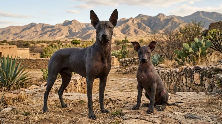 Adult Xoloitzcuintli with a Xoloitzcuintli puppy standing in a rocky desert landscape in Mexico.