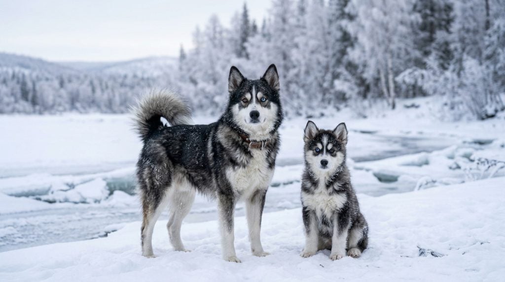 Yakutian Laika adult and puppy standing together in the center of a snowy frozen Siberian landscape, surrounded by snow-covered trees and icy riverbanks, showcasing their thick fluffy double coats, curled tails, upright ears, and striking black-and-white northern spitz appearance.