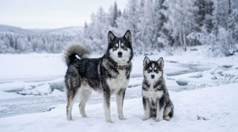 Yakutian Laika adult and puppy standing together in the center of a snowy frozen Siberian landscape, surrounded by snow-covered trees and icy riverbanks, showcasing their thick fluffy double coats, curled tails, upright ears, and striking black-and-white northern spitz appearance.