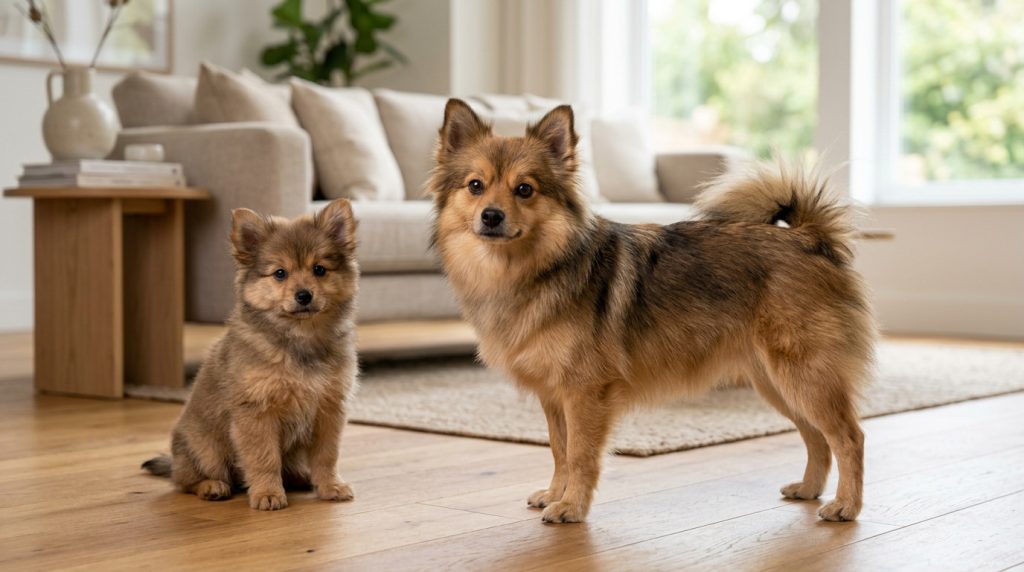 Adult Yorkie Pom and Yorkie Pom puppy standing in a bright modern living room, showcasing the mix's fluffy double coat, fox-like expression and compact companion build.