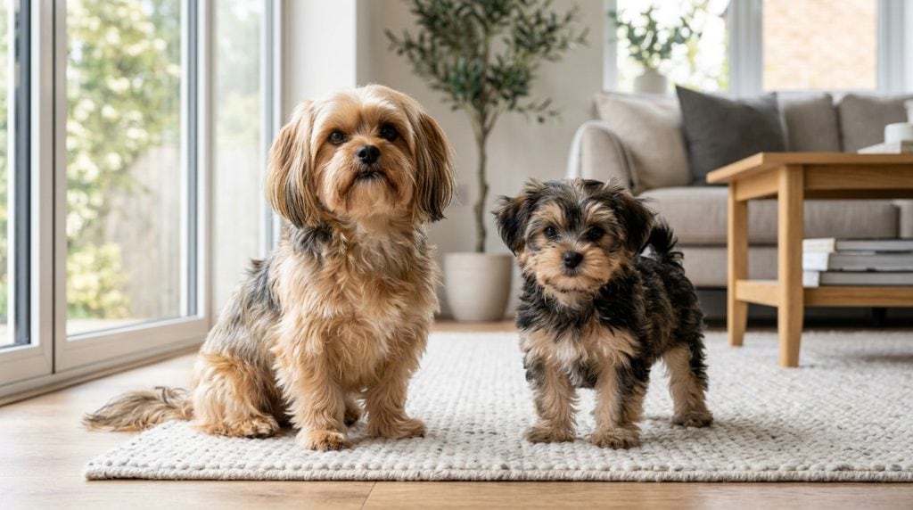 Adult Yorkie Tzu and Yorkie Tzu puppy in a bright modern family living room