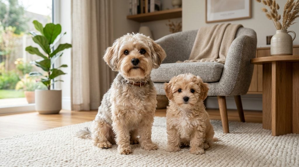 Adult Yorkipoo dog and fluffy Yorkipoo puppy sitting together on a soft cream rug in a modern living room. The adult dog has a silky tan-and-silver coat with Yorkie facial features and soft Poodle-like texture, while the puppy has a fluffy golden coat and round teddy-bear appearance. A cozy armchair, neutral decor, and indoor plants create a warm companion dog portrait.
