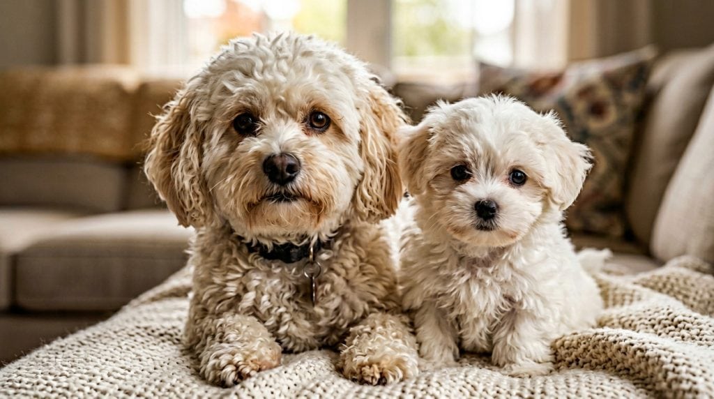 Close-up of a fluffy cream-colored adult Zuchon dog lying beside its small Zuchon puppy on a soft blanket, both with round dark eyes and curly teddy-bear coats in a cozy living room setting.