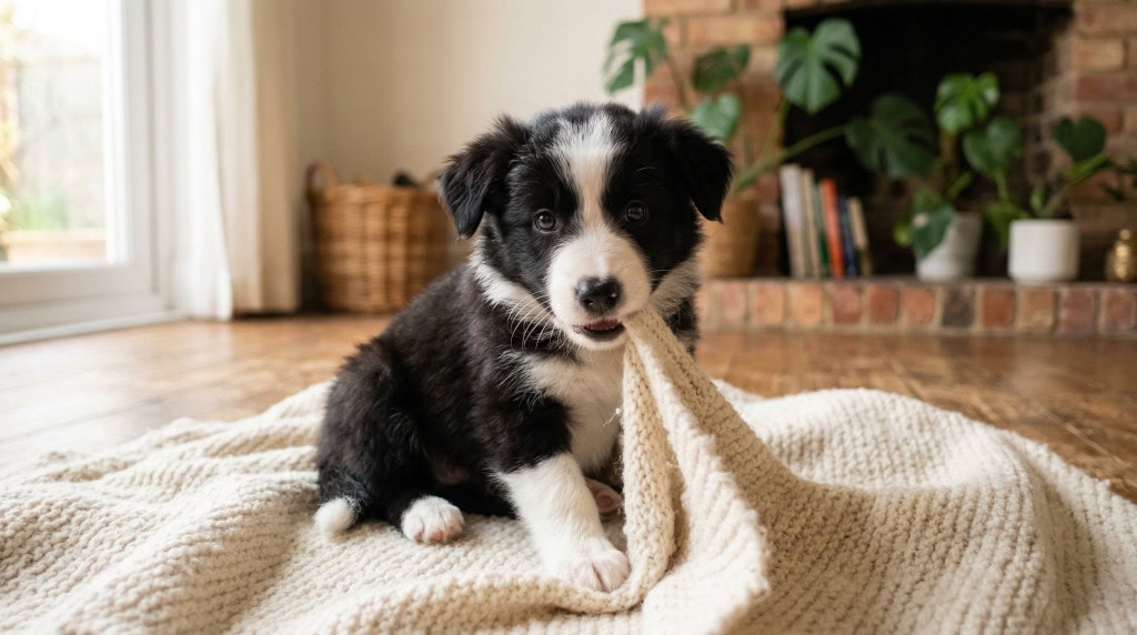 Border collie puppy chewing a soft knitted blanket while sitting on a rug in a cozy living room, demonstrating natural teething behavior in young puppies.
