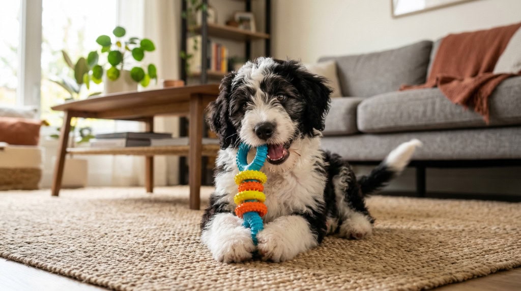 Bordoodle puppy happily chewing a colorful teething toy on a rug in a bright living room, relieving gum discomfort during teething.