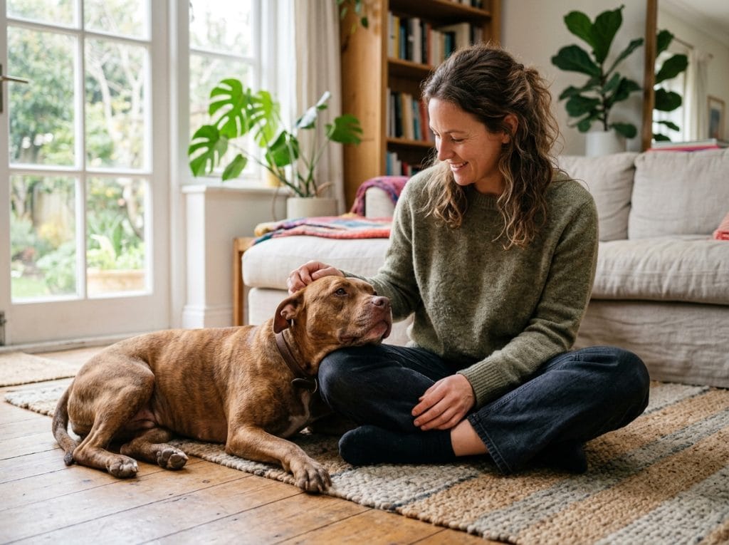 Dog owner calmly comforting their dog at home, showing reassurance and responsible care when a dog may be unwell.