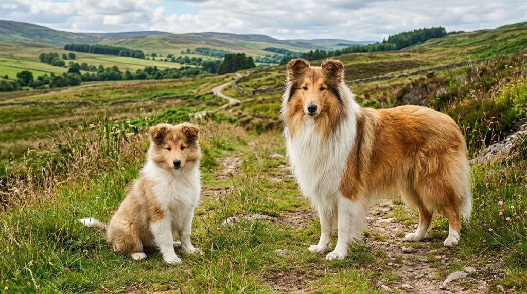 Adult Rough Collie with a Rough Collie puppy standing together in a natural grassy countryside setting looking toward the camera.