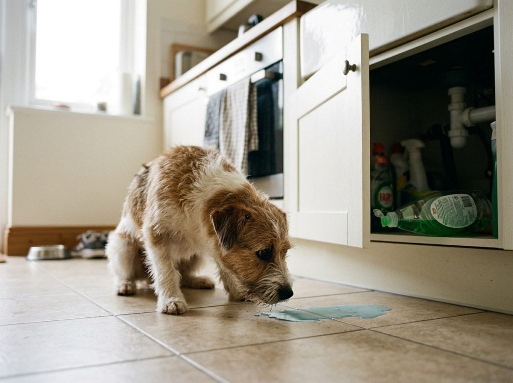 Curious dog licking a small puddle of spilled household cleaning liquid on a kitchen floor near an open cupboard with cleaning products.