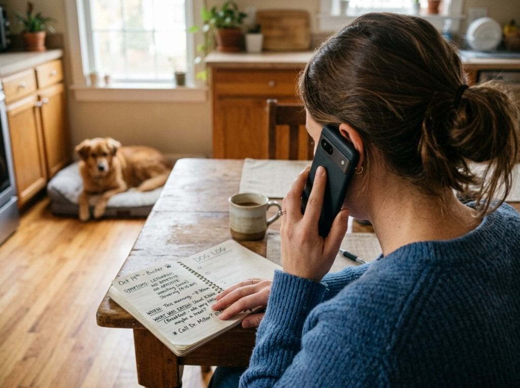 Over-the-shoulder view of a dog owner calling a veterinarian while reading notes about what their dog ate and symptoms observed.