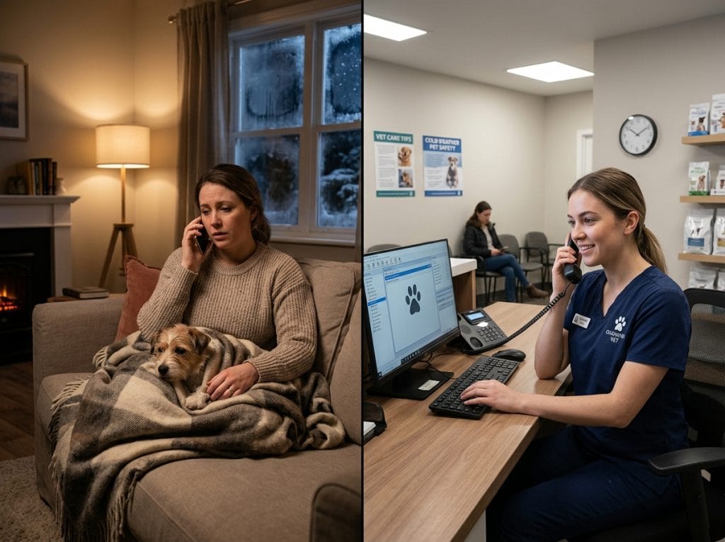 Concerned dog owner calling a veterinarian while sitting with their dog at home, illustrating the importance of contacting a vet if a dog may have swallowed something harmful.
