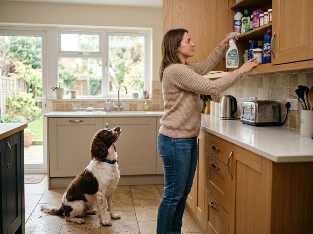 Dog owner placing cleaning products into a high kitchen cupboard while a dog watches from the floor, showing how harmful items can be stored safely out of reach.