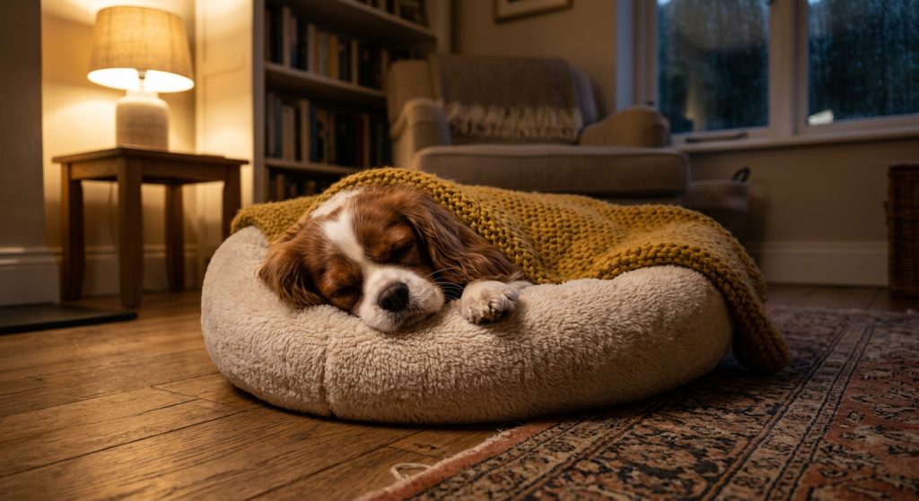 Dog sleeping comfortably in a warm dry bed indoors.