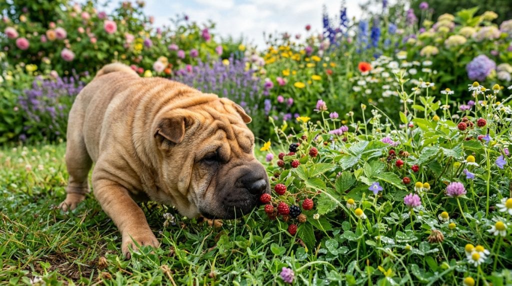 Poisoning in Dogs Curious Shar Pei dog sniffing wild berries while exploring a colorful garden, showing how dogs may investigate plants that could be harmful.