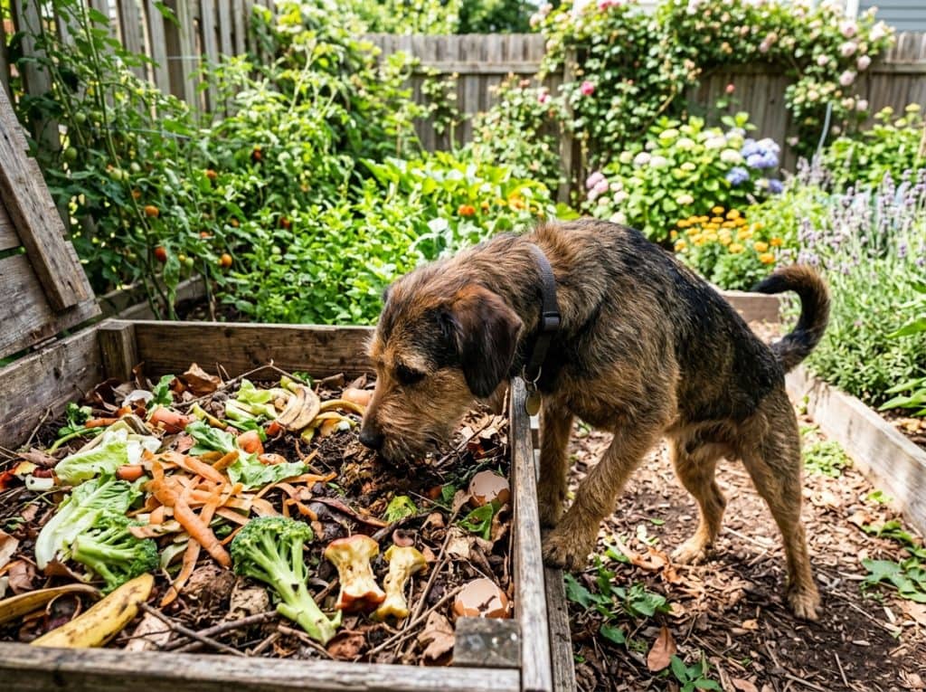 Curious dog sniffing a garden compost bin filled with vegetable scraps and food waste while exploring a backyard garden.