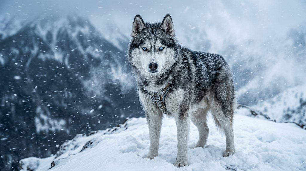 Siberian Husky standing confidently in deep snow during a winter storm with piercing blue eyes, representing dogs adapted to cold weather.