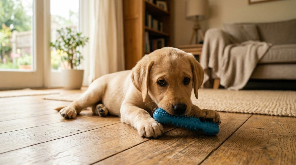 labrador puppy chewing a rubber toy during the teething stage