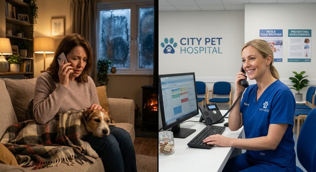 Split image showing a dog owner calling a veterinary clinic while sitting beside a dog wrapped in a blanket and a veterinary receptionist answering the phone.