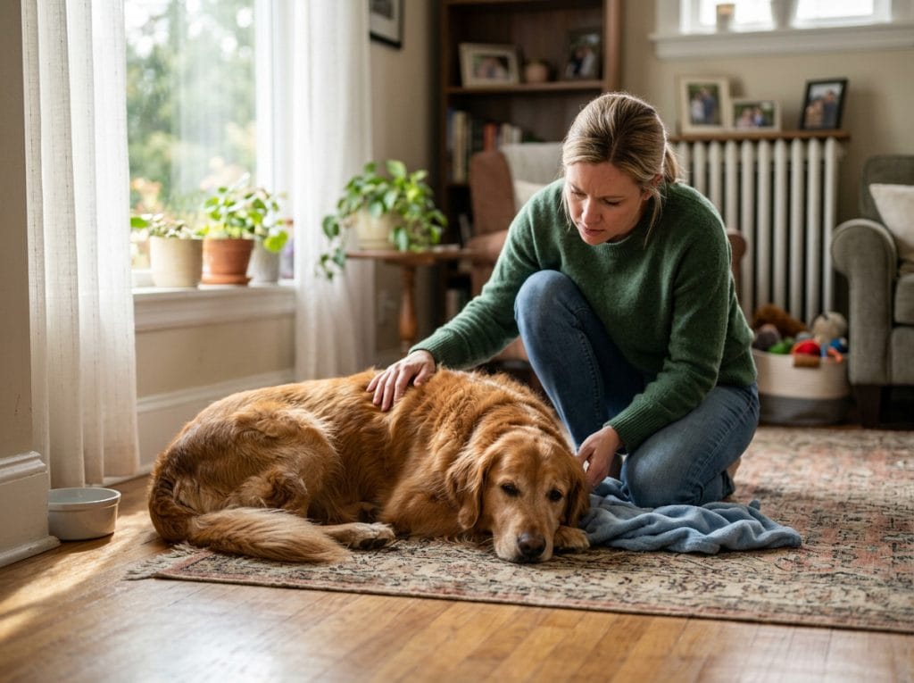 Dog owner kneeling beside a dog that appears lethargic and unwell at home, noticing unusual behaviour that may indicate illness.