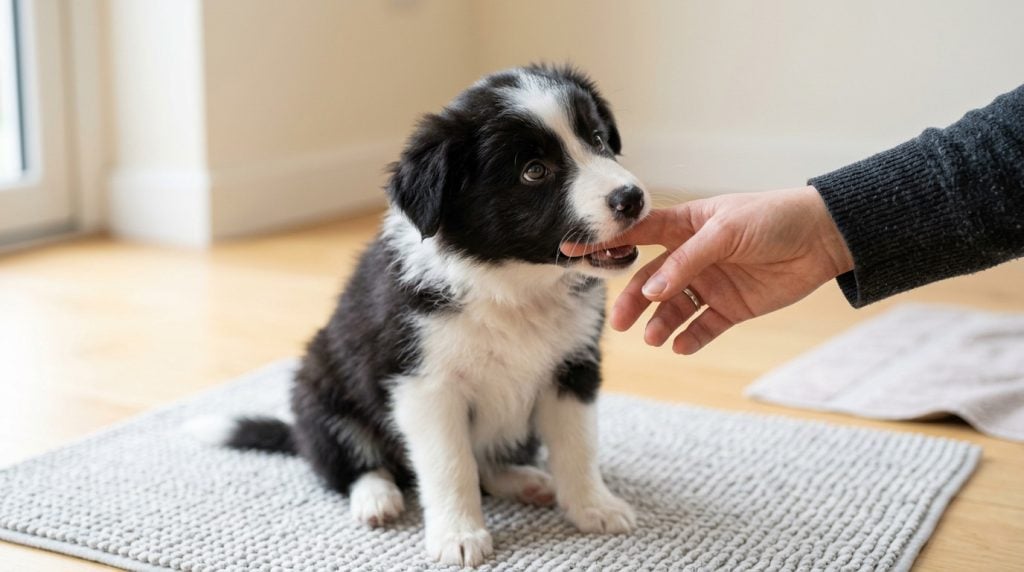 border collie puppy gently mouthing a hand during play