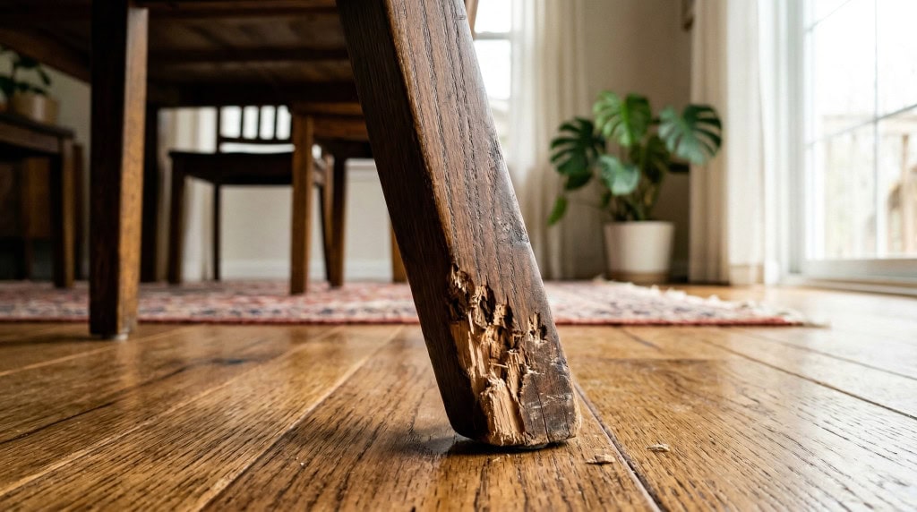 small chew marks on wooden furniture caused by a teething puppy