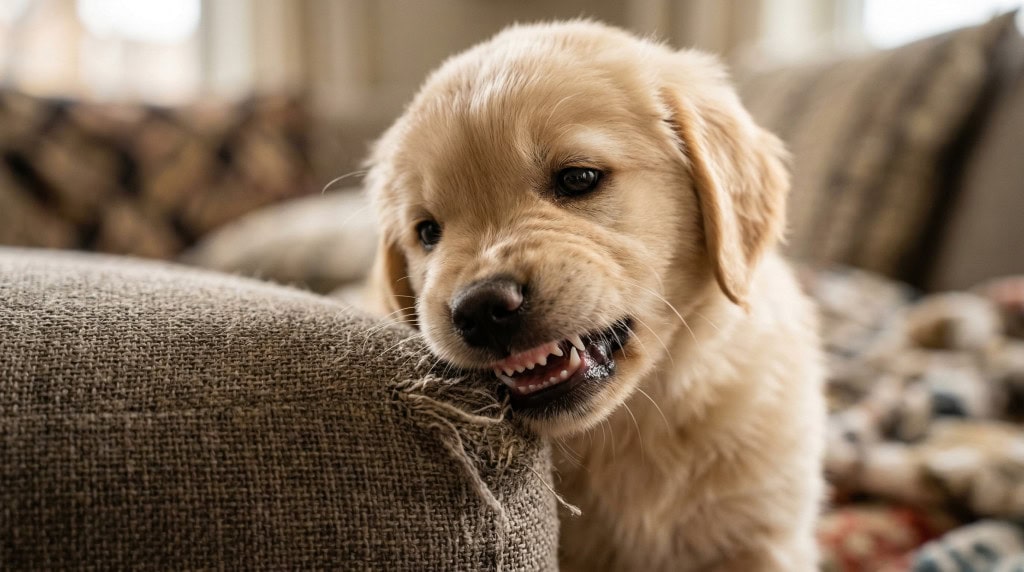 Close-up of a teething puppy chewing the corner of a couch cushion, showing small teeth and natural chewing behavior common during puppy teething.