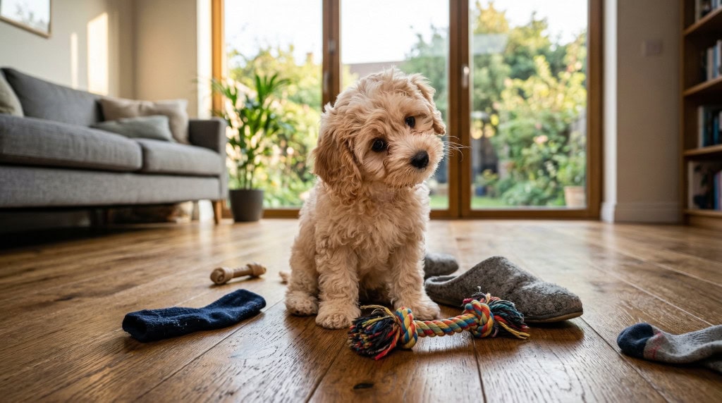 Curious young puppy sitting on a wooden floor surrounded by socks, slippers, and chew toys in a bright living room, exploring items to chew during the teething stage.