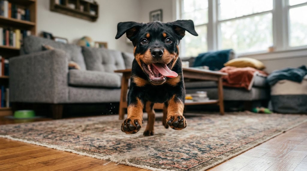 Happy Rottweiler puppy leaping toward the camera in a living room during an excited zoomies burst.