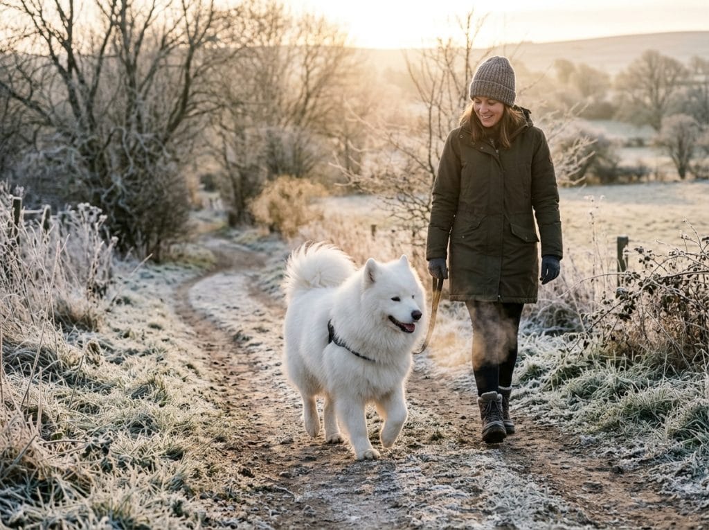 Samoyed dog comfortably walking with its owner on a frosty winter morning.