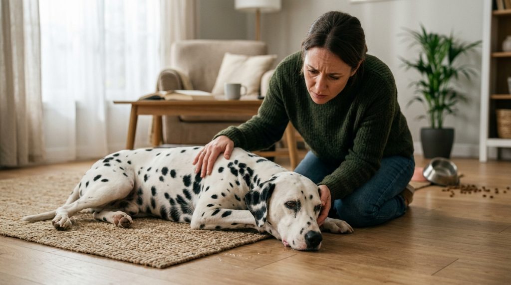 Concerned dog owner kneeling beside a Dalmatian lying on the floor appearing unwell, illustrating possible signs of poisoning in dogs.