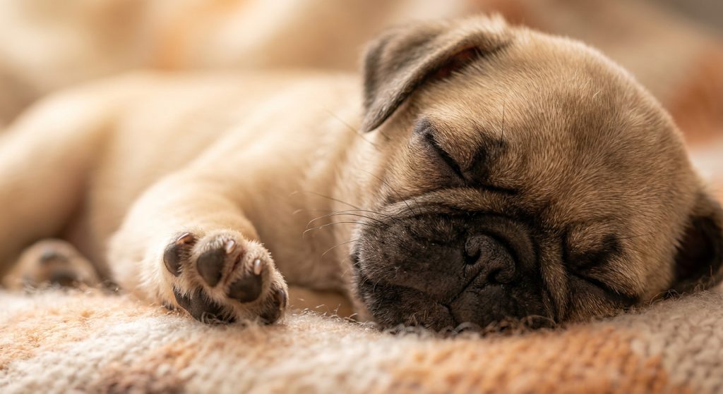 Close-up of a small pug puppy sleeping comfortably on a soft blanket with its paw stretched forward.