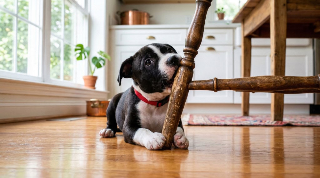 Staffordshire Bull Terrier puppy chewing the leg of a wooden chair in a kitchen, demonstrating natural chewing behavior while teething.
