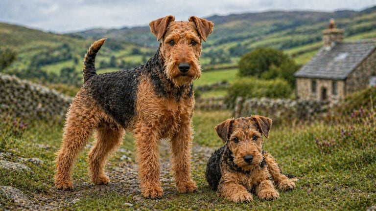 Adult Welsh Terrier standing beside a Welsh Terrier puppy in a lush green countryside setting, both looking at the camera in a natural outdoor breed profile image.
